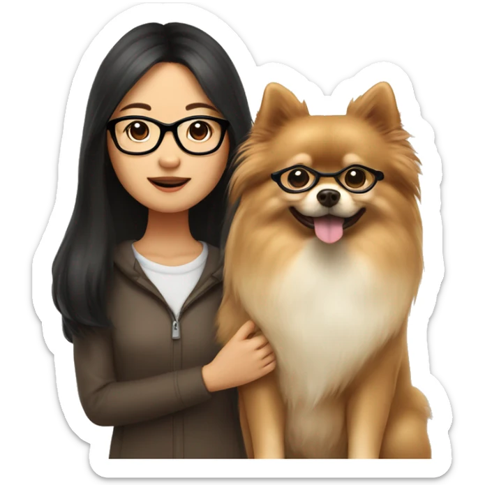 asian girl with long dark brown hair, glasses with thin frameholding a beige Pomeranian dog sticker