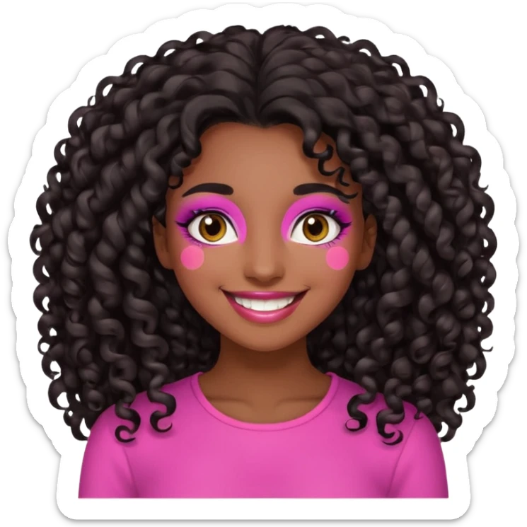 emoji of a cheerful young woman with dark brown skin, long abundant curly black hair, brown eyes, pink-toned makeup, smiling expression sticker
