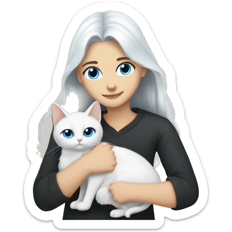 a guy with long dark hair and blue eyes and a girl with long white hair and brown eyes hug a white cat with black ears and blue eyes sticker