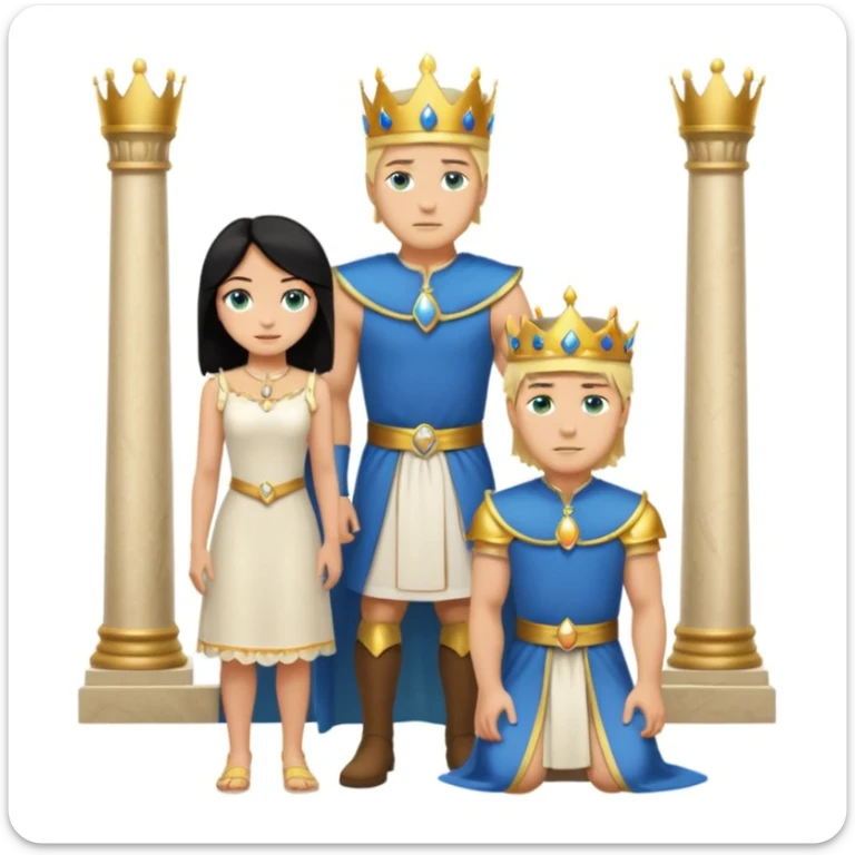 Man as king, standing, black Hair, blue eyes, female Servoamt, blonde, green eyes, shott white sleveless Dress, kneeling, background palace sticker