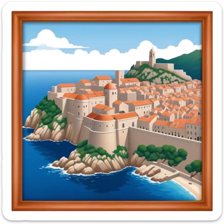 Cinematic Realistic Dubrovnik Landmark Emoji, showcasing the historic walled city with its terracotta rooftops, stone fortifications, and the deep blue Adriatic Sea stretching beyond. sticker