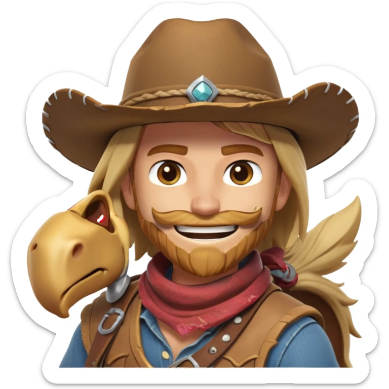 clash-of-clans-aesthetic_-cinematic-playful-cowboy-portrait-emoji, head-tilted with a roguish, cheeky grin and twinkling eyes, featuring a rugged, spirited build with a wide-brimmed cowboy hat and a weathered bandana on tan skin, riding a powerful galloping horse with dynamic flowing mane, reins gripped firmly in one hand and a lasso in the other, as dust swirls behind them in a vast desert landscape. sticker