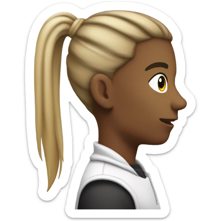 A photo of a white emoji side view with a pony tail that’s half white and half black on the top with a black cheek   sticker