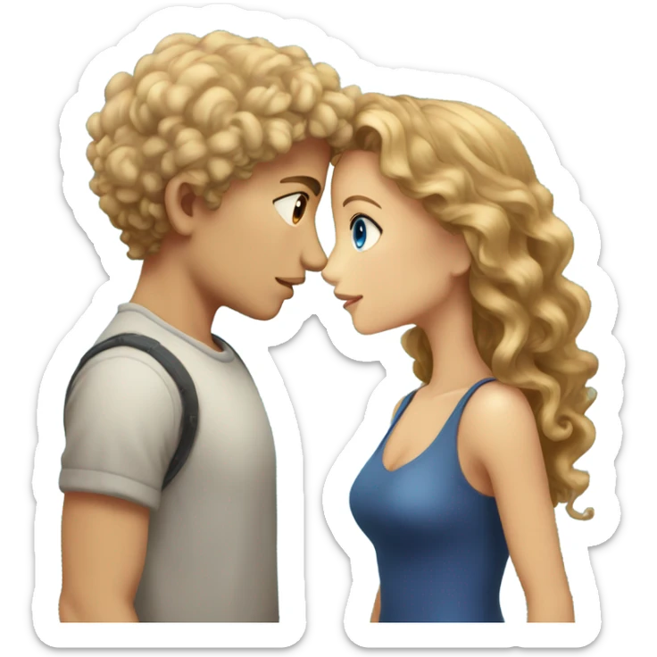 Boy with brown curly hair and brown eyes kissing blond girl with blue eyes  sticker