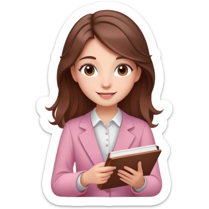  happy elegant  beautiful girl flowy brown hair that is more valuable then corals studying with a cute pink aura behind here  sticker