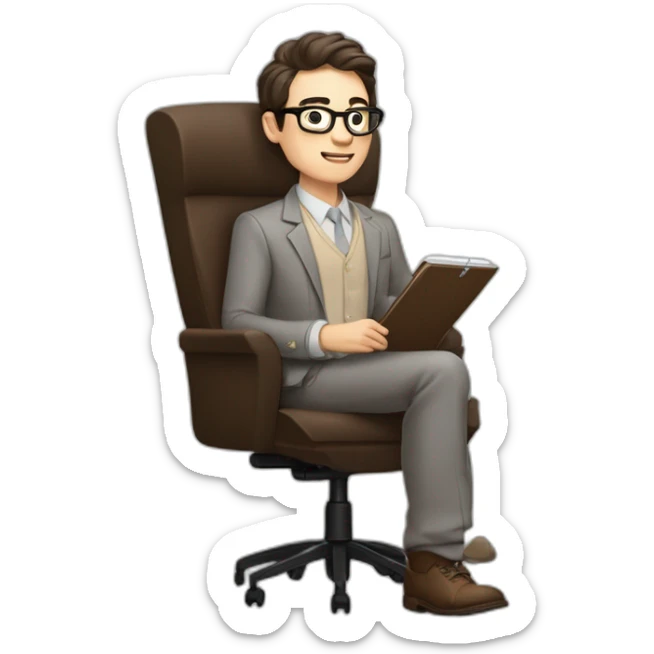 Pale skinned Fit Man With dark brown hair in gray jacket, beige office shirt, Brown pants and vintage glasses sitting In a soft chair with a notebook on spring with emblem Ψ and a pen sticker