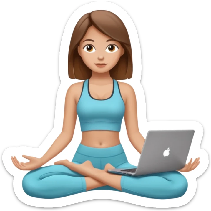 A white girl with brown hair who works remotely through her laptop and enjoys yoga sticker