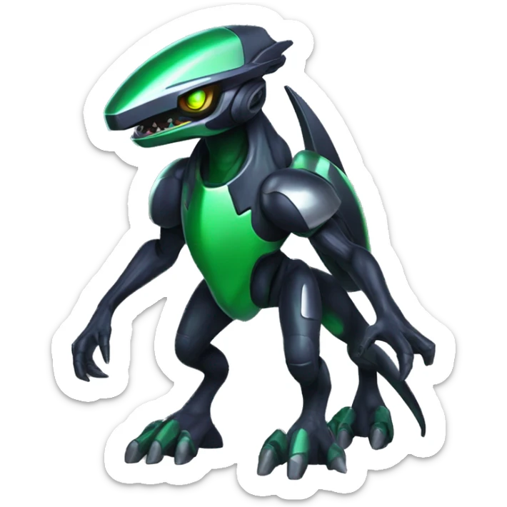 a shiny black-green Genesect-Raptor-Fakémon—hybrid with a futuristic visor-helmet full body sticker