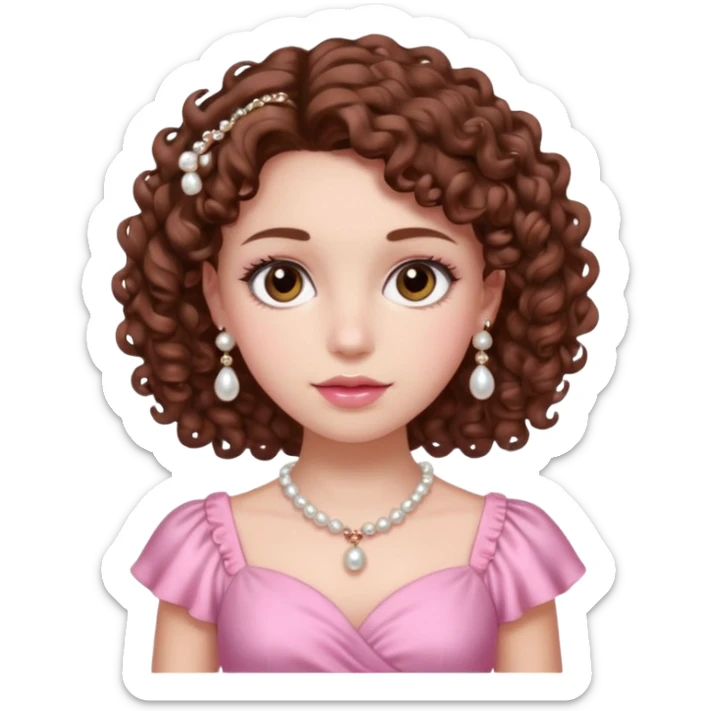 A girl with a brown curly hair and beautiful brown eyes and white skin and pink dress with pearl jewelry sticker