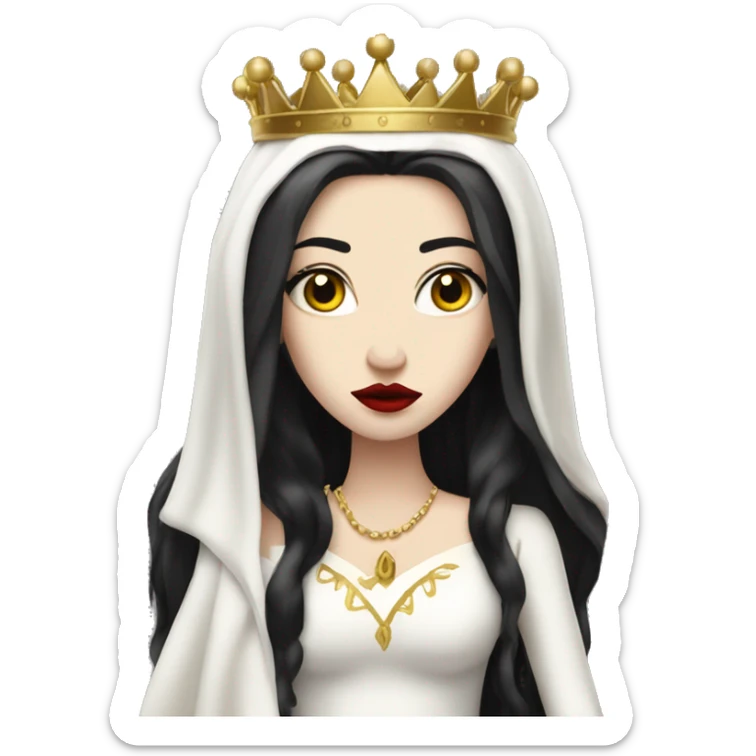 Queen with pale skin, long black hair, bright red lips, skinny gold crown, white dress, and evil stare.  sticker