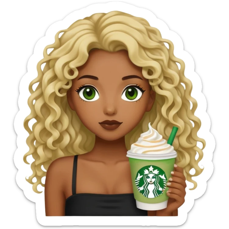 a black girl with long curly wavy blonde hair and green eyes wearing a black tube top holding a starbucks matcha facing forward aesthetic  sticker