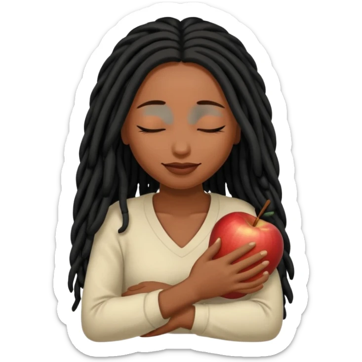 Soft feminine emoji with deep brown skin (Apple’s darkest), long black locs, eyes closed, gently cradling locs. Rounded, simple features, subtle smile. Clean, minimal Apple-style vector art, transparent background. sticker