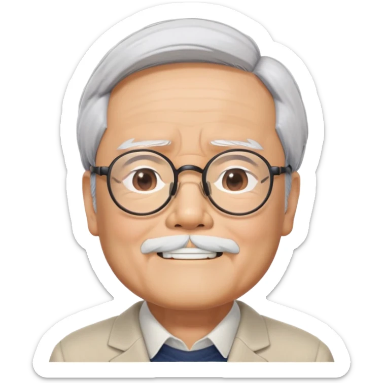 _cinematic-realistic-portrait-of-hayao-miyazaki,-depicted-with--large-rectangular-glasses,-his-happy-expression-rendered-in-lifelike-detail,-illuminated-with-soft,-realistic-lighting-that-emphasizes-his-creative-genius, his eyes shut   sticker