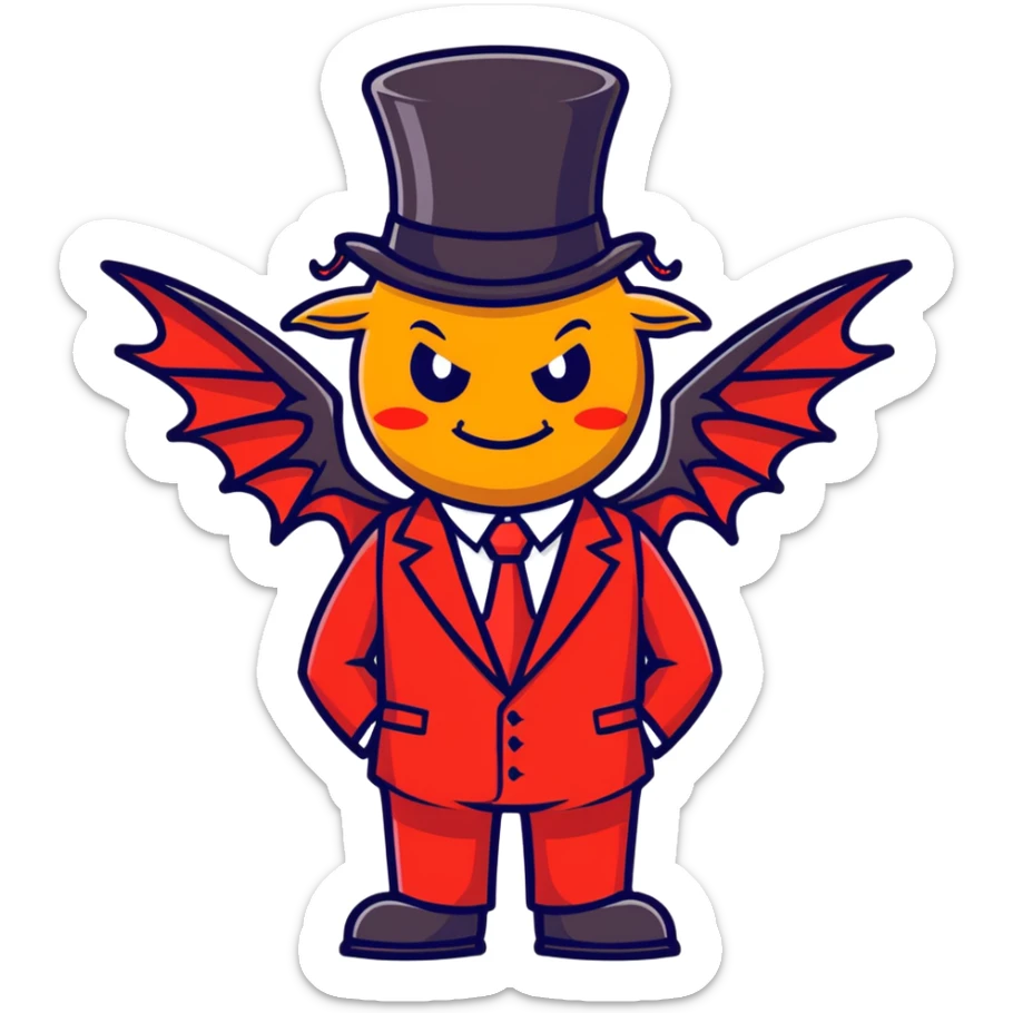 A waffle wearing a top hat and a red business suit with demon wings sticker