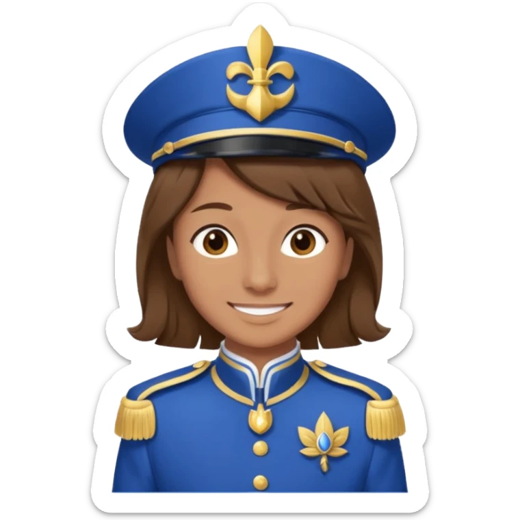 Bonjour, est ce que tu pourrais me créer un emoji, de moi (la personne a droite, brune) avec la tenue de certains membres de la  fanfare (la tenue bleue et blanche ) que tu vois sur la photo. Attention mets bien la fourragère a gauche s'il te plaît sticker