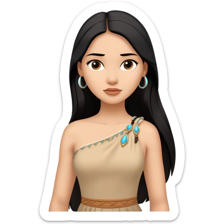 Pocahontas from hips up, tan dress with one shoulder, long black hair, minimal style but clearly recognizable sticker