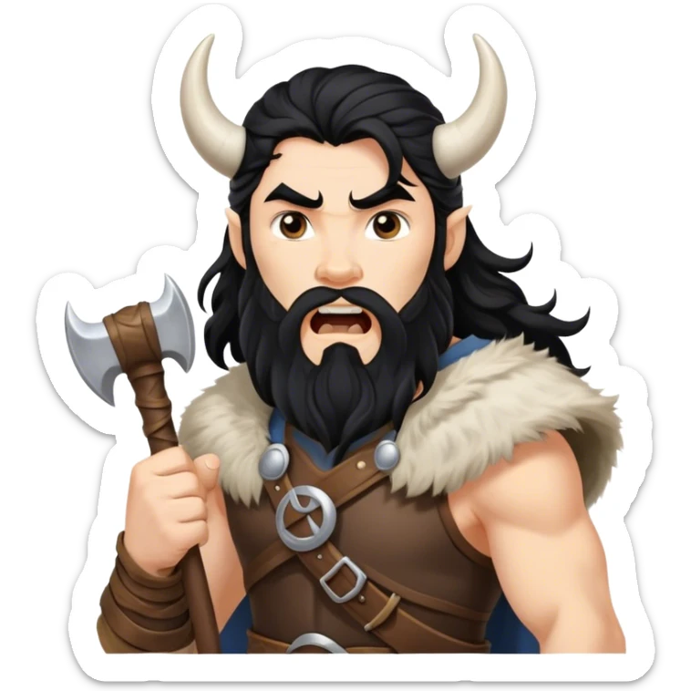 vikingo, con cuerno de vaca, pelo negro ondulado, de pie, grito de guerra en torre de Asgard. sticker