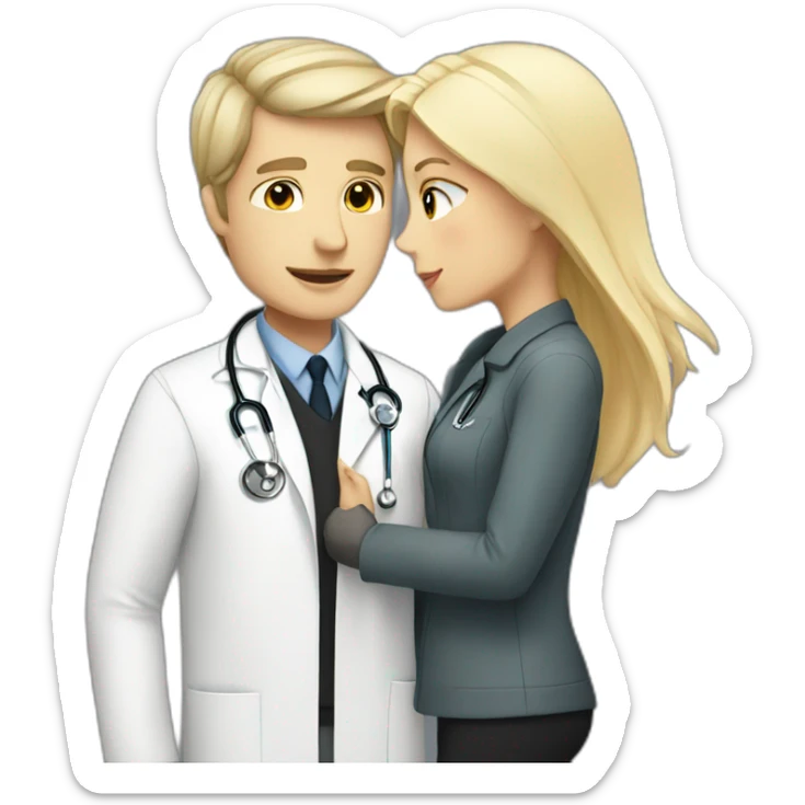 white doctor girl with black hair kissing a white man with blond hair and a jacket sticker