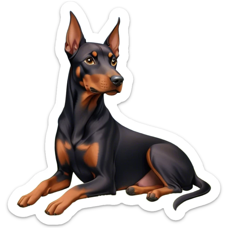 Close-up of a Doberman Pinscher sitting on lush green grass, looking alert and majestic. The background features a beautiful, serene nature view with rolling hills and bright blue skies. The dog’s sleek black and tan coat shines under the sun. Transparent background. sticker