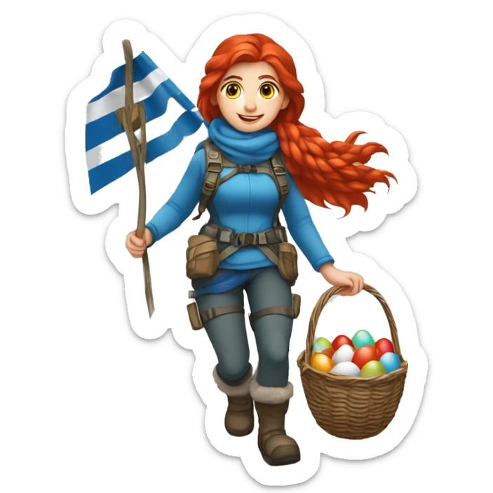 Female winter mountaineer red hair white skin climbing with Greek Flag and Easter eggs basket sticker