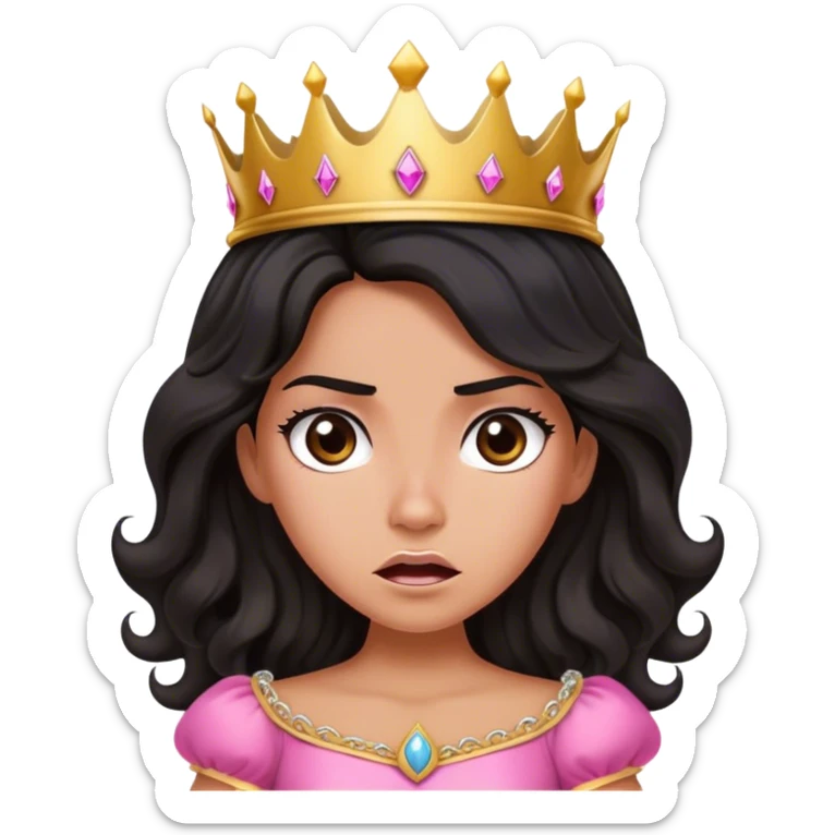 Very tanned princess, with long black wavy hair and a crown, a pink princess outfit But angry sticker