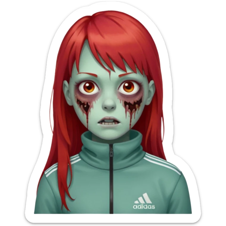 Crie um emoji de uma menina zumbi  com o cabelo vermelho longo com uma franja reta casaco de gola alta da adidas sticker