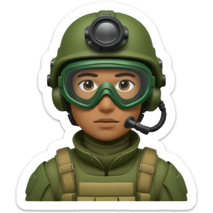 modern infantry soldier with green body armor, helmet, mask, and night vision goggles, cool and brutal sticker