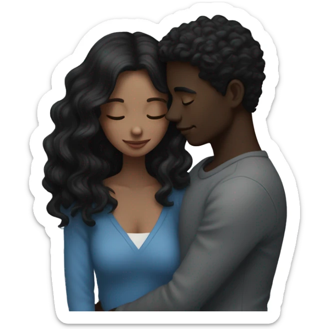 Intimate moment between lovers she  has wavy black Hair with dark skin and he is white with dark brown hair and has blue eyes  sticker