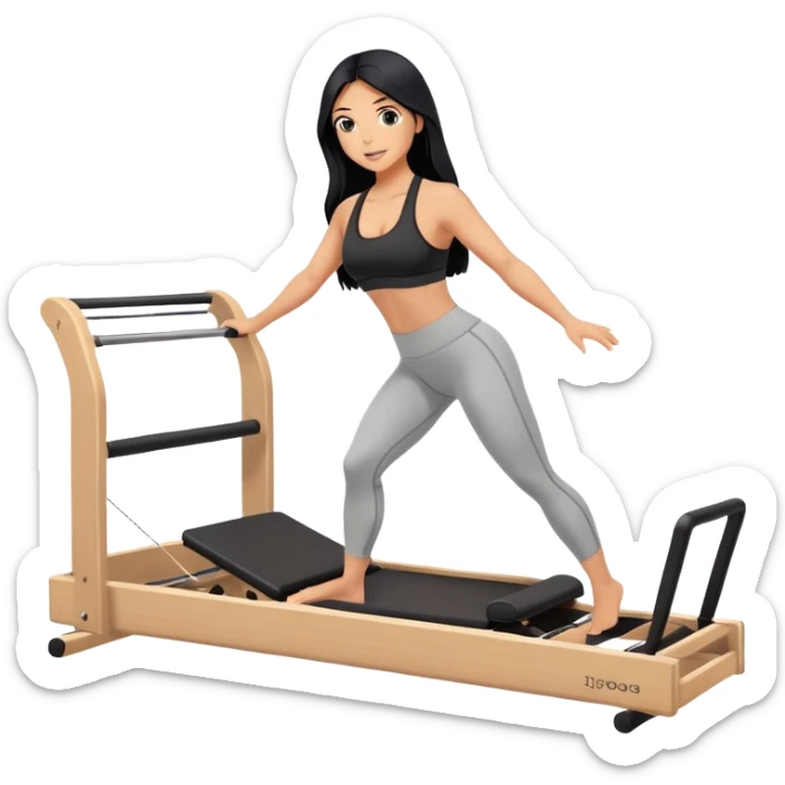 woman with tanned skin, long black hair, wearing a sports bra, doing Pilates on a reformer machine sticker