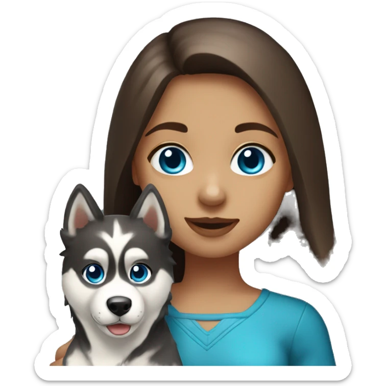 A girl with Brown long hair and blue eyes holding a husky  sticker