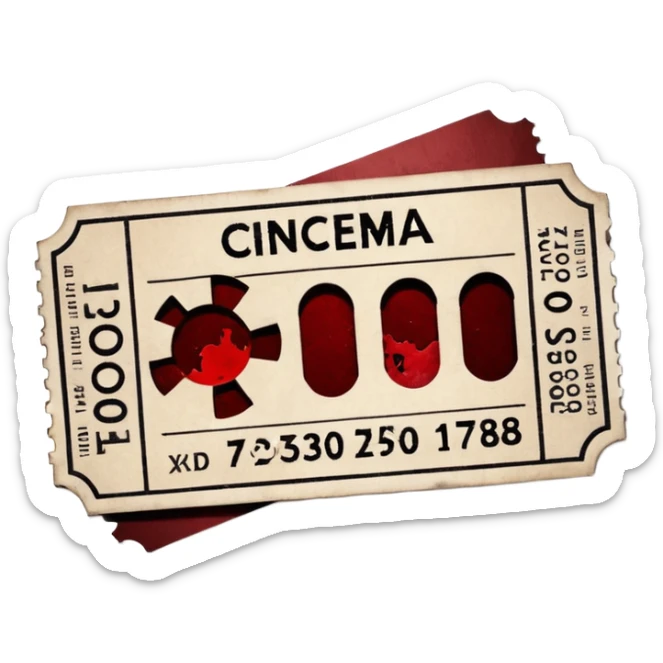 Minimalist emoji-style sticker of an old torn cinema ticket, no text, blood-stained edges and burn holes, grayscale paper

 sticker