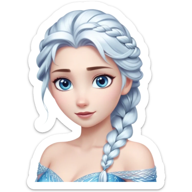 Cinematic Stunning Elsa Portrait Emoji, Ice-blue gown shimmering, platinum hair flowing in a graceful braid, piercing blue eyes glowing with icy magic, an aura of regal power and breathtaking beauty, frozen elegance at its finest! sticker