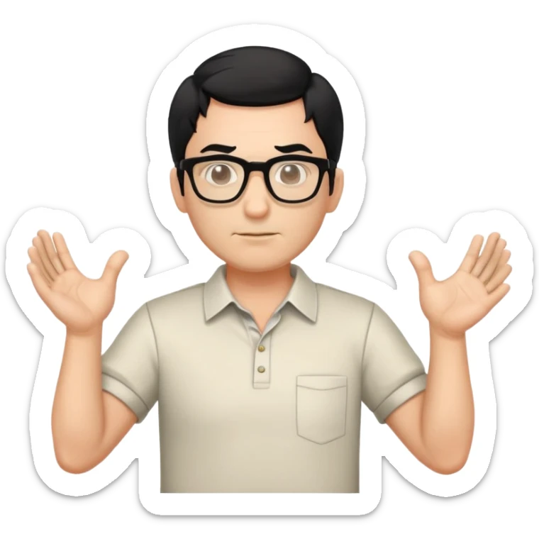 professor with black hair and glasses wearing shirts, no mustache, with hands positioned as if grabbing an invisible rugby ball sticker