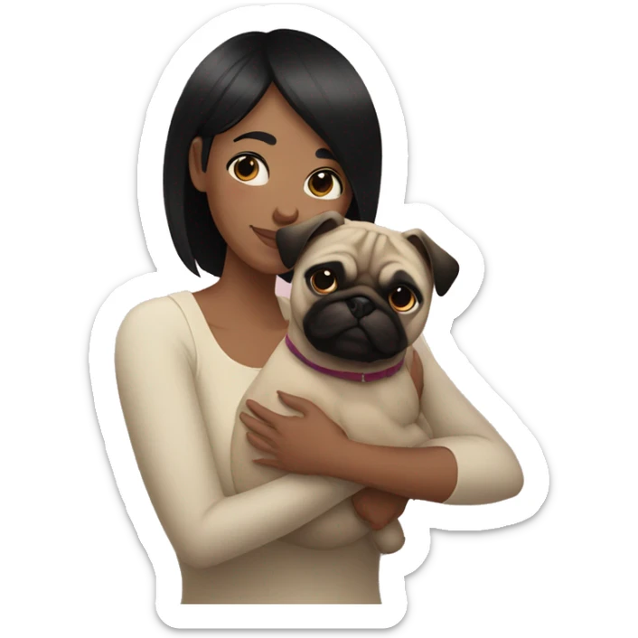 Lesbian woman with Black short hair, causacian skin, hugging a pug sticker