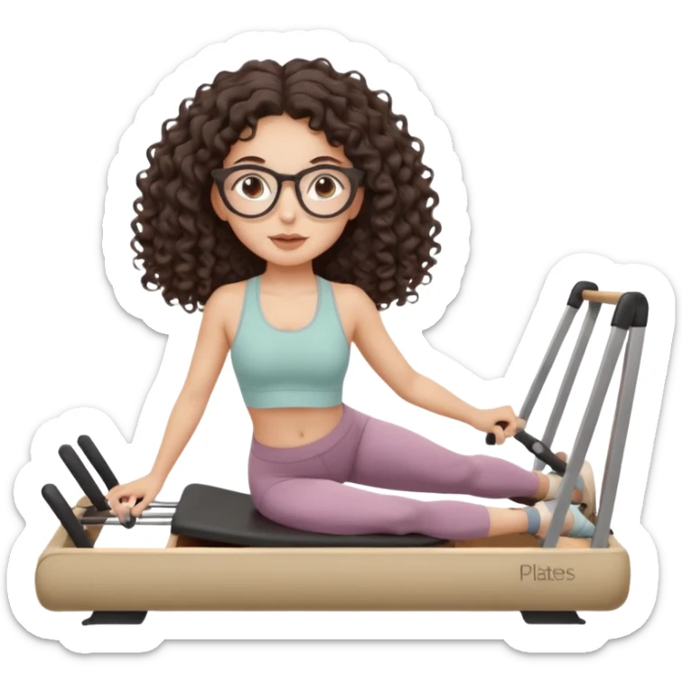 Memoji-style girl with long dark brown curly hair, round glasses, large brown eyes, soft rounded face,makeup, warm beige skin tone, wearing Pilates activewear performing Pilates and reformer Pilates exercises on a reformer machine, pastel color palette, smooth soft shading sticker