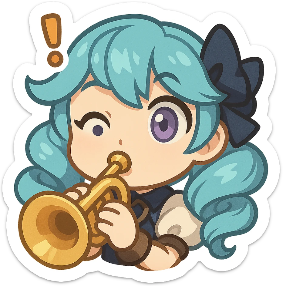 chibi style emote of Gwen from League of Legends, just the head, right eye purple, playing a trumpet, surprised expression sticker