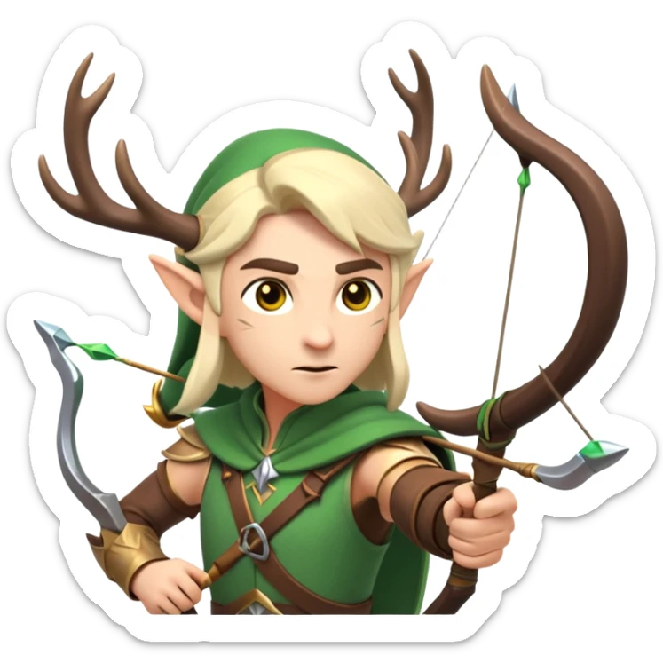 clash-of-clans-aesthetic-focused-elf-archer-portrait-emoji, rendered in a flat, vector-style similar to standard emojis with minimal shading and bold, simplified shapes, head tilted slightly forward with a determined, focused expression, riding a majestic stag with antlers glowing faintly with mystical energy. sticker