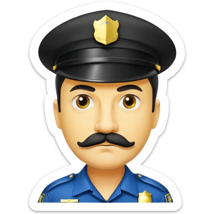 đàn ông 50 tuổi, da vàng, có ria mép màu đen, tóc ngắn, đội mũ cảnh sát màu đen, mặt nghiêm túc sticker
