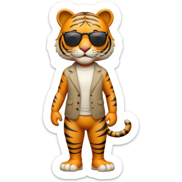 friendly anthropomorphised tiger in casual clothing, wearing dark sunglasses, walking upright in standard pose sticker