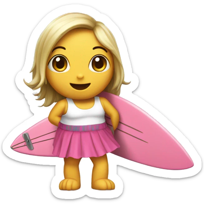 Can you create an emoji of a surfing dinosaur in a pink skirt?  sticker