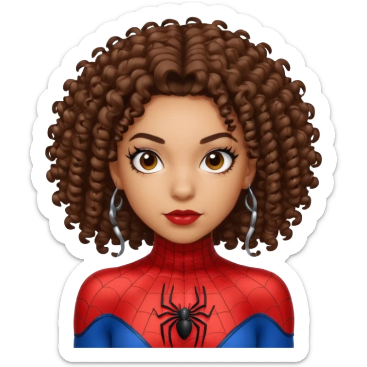 Lightskin girl with curly hair, eyebrow piercing in left side, wearing a spider man costume sticker