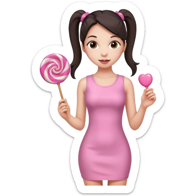 Girl with long dark ponytails wearing light pink bodycon dress holding a lollipop sticker