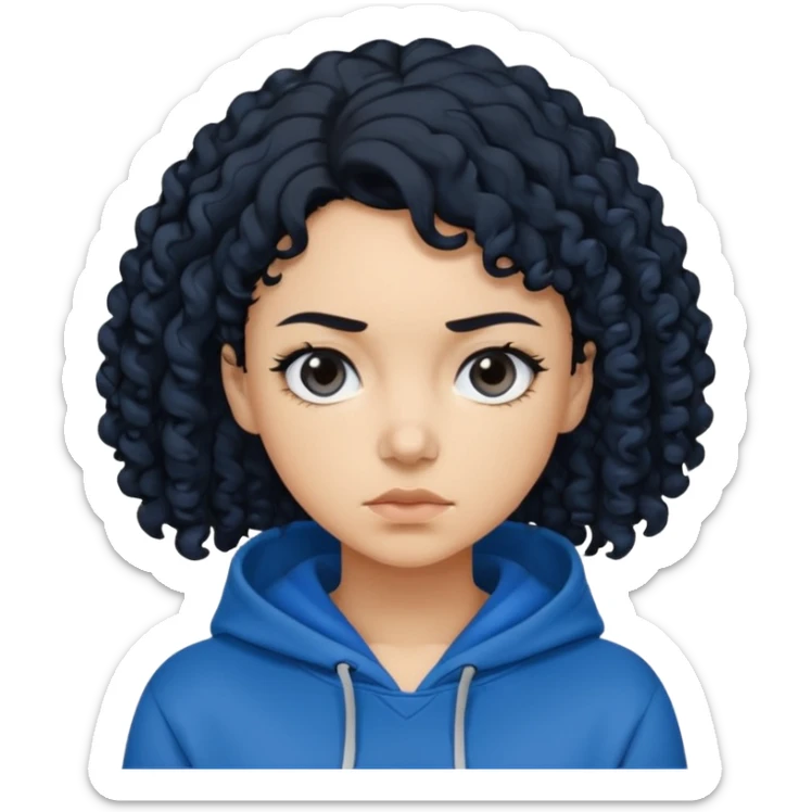 A woman with curly black hair, wearing a blue-black hoodie, and a slightly serious expression on her face. sticker