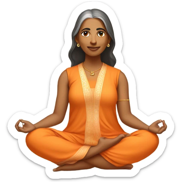 an  Indian woman, sleeveless pastel shirt
 yogi with a peaceful and meditative expression. The character should be wearing an orange robe, symbolizing traditional yogic attire. The yogi can be sitting in a lotus position sticker