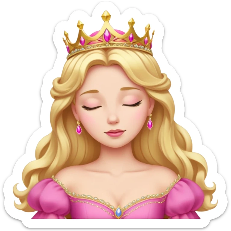 Aurora Sleeping Beauty from hips up, bright pink ballgown, golden blonde hair with gold tiara, minimal style but very recognizable sticker
