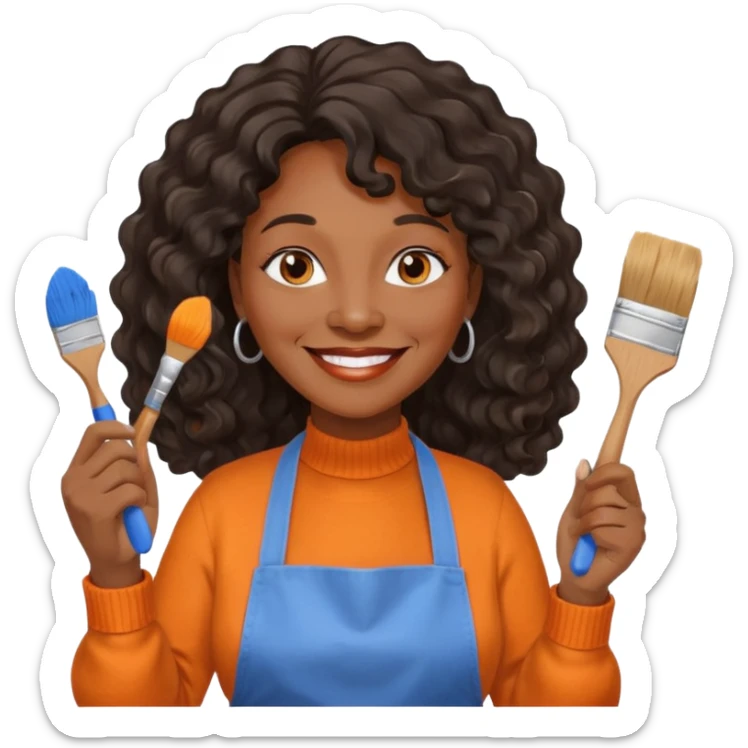 FEMME FRISÉ 60 ANS CHEVEUX NOIR FRISÉ ONDULÉ TRÈS  LONG , SOURIANTE AVEC CHANDAIL ORANGE ,   YEUX BLEU ET UN PINCEAU À LA MAIN LA MAIN AVEC 5 DOIGT SEULEMENT ET TABLIER sticker