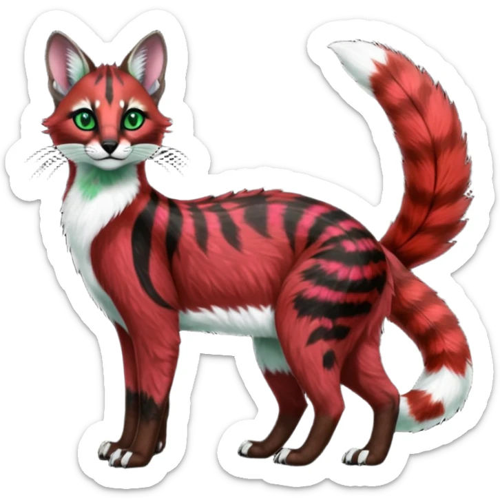 Colorful dark tropical sanguine-red, black, white fur, with green eyes, iridescent glorious divine exotic cute cool beautiful shiny beautiful floral fantasy-caracal-civet-genet-sergal-vernid-Cacomistle-oncilla-animal-Fakémon-hybrid-fursona with pattern markings (full body) sticker
