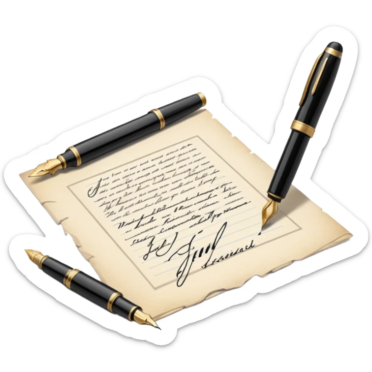 Icon for Autograph Collecting: a signature on a piece of paper with a vintage fountain pen beside it, and a collection of autographed photos or memorabilia in the background. The icon should convey the passion for collecting famous signatures. Transparent background. sticker