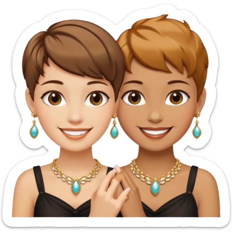 Fair skin and caramel colored besties with brown hair pixie cuts wearing jewelry   sticker