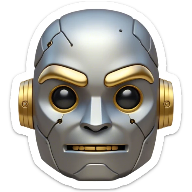 Cinematic Cute Mighty Iron Golem Portrait Emoji Head tilted playfully and inquisitively, featuring a sleek yet sturdy metal form with smooth, polished steel plating and glowing golden engravings, accented by faintly humming energy veins that pulse with life; rendered with lifelike clarity and soft, natural reflections, high shine, charming yet robust, styled with a touch of whimsical fantasy, soft glowing outline, capturing the essence of a watchful yet endearing golem, as if it might shift its massive head with a slow, thoughtful nod at any moment! sticker